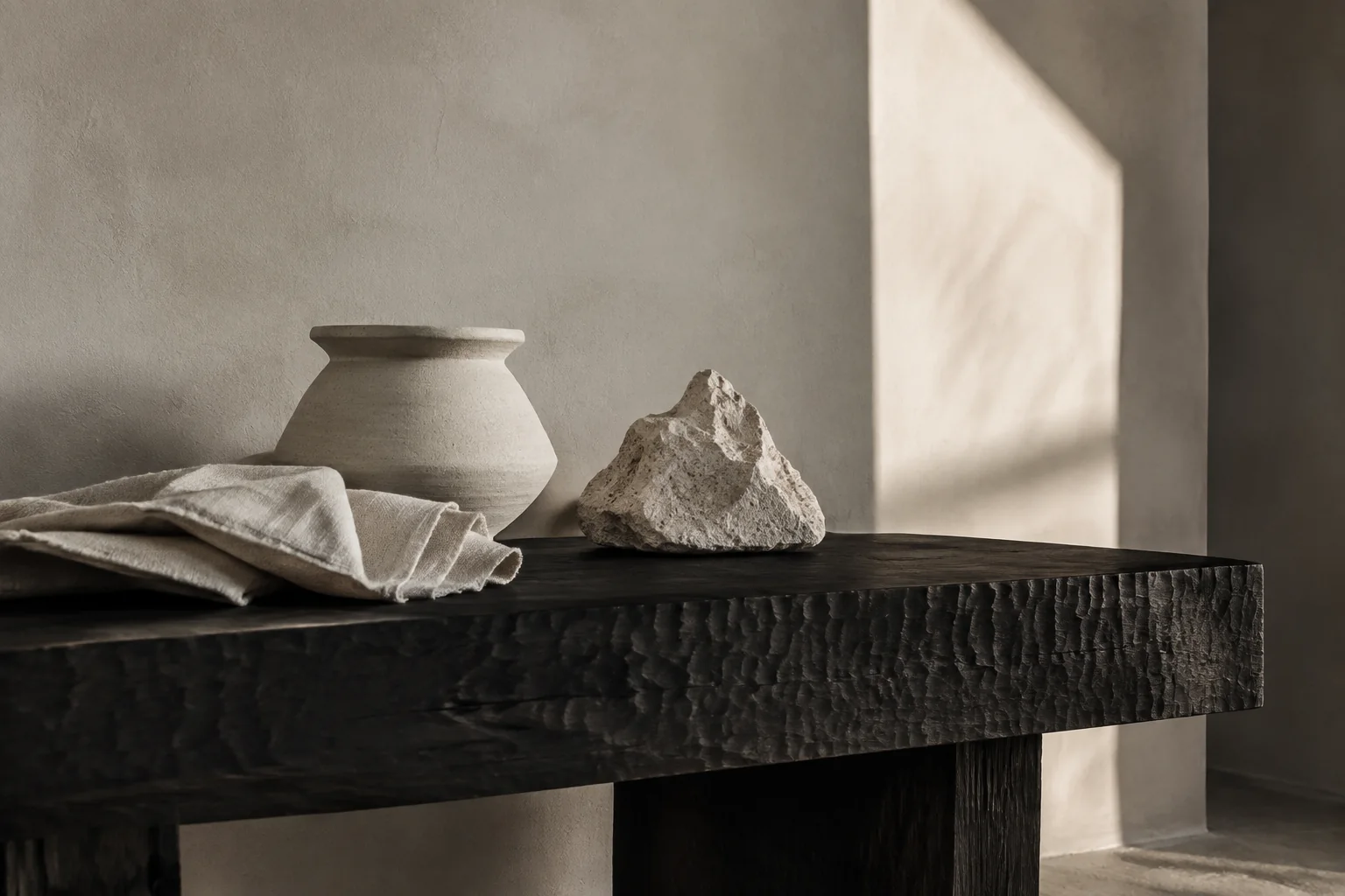 A material study in blackened wood, stone, ceramic, and linen